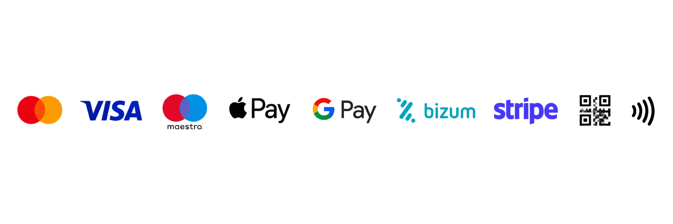 Mastercard, Visa, Maestro, Google Pay, Bizum, Stripe, QR and NFC logos
