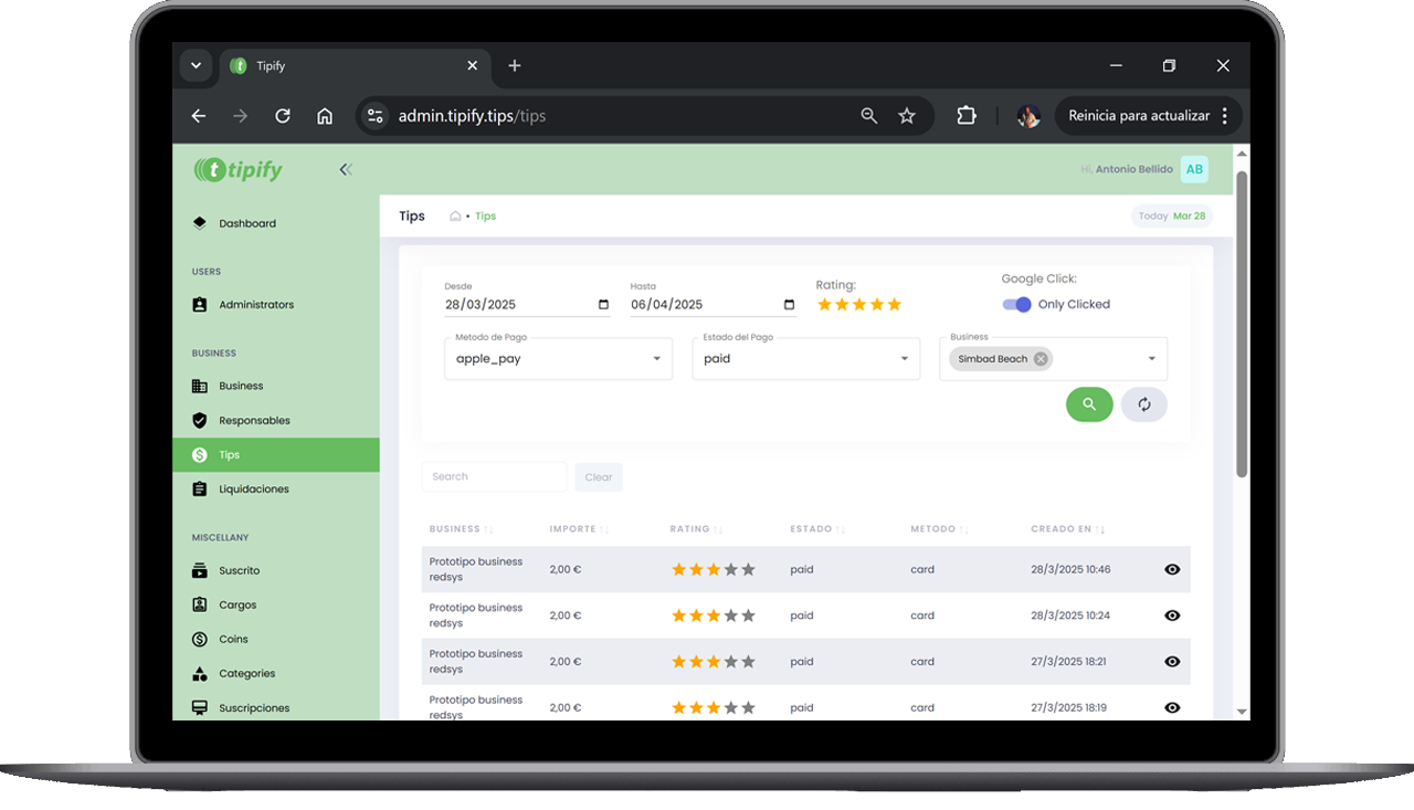Real Tipify admin dashboard