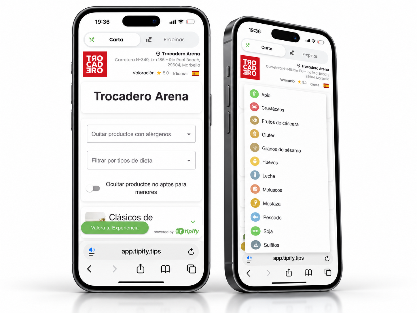 Trocadero Arena digital menu showing allergen filters