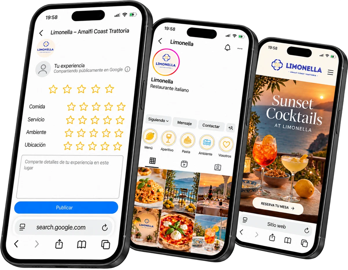 Vistas ilustrativas de Limonella: valoración del servicio, perfil social y sitio web