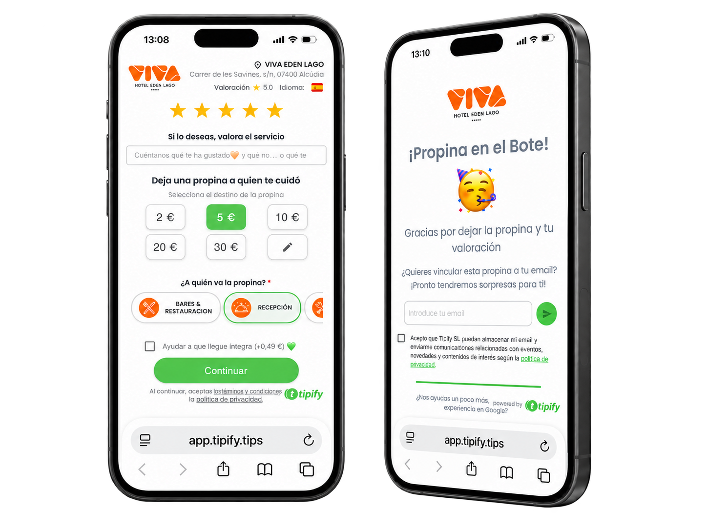 Two iPhones showing the Tipify tipping and thank-you flow